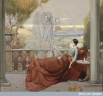 A sickly female invalid sits covered up on a balcony overlooking a beautiful view, death (a ghostly skeleton clenching a scythe and an hourglass) is standing next to her; representing tuberculosis. Watercolour by R. Cooper. 